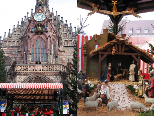 （左）街の中心・14世紀に建てられたフラウエン教会前と(右）カトリックの国のクリスマスのシンボル