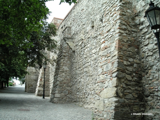遊歩道の右に繋がるブラチスラヴァ城の石垣