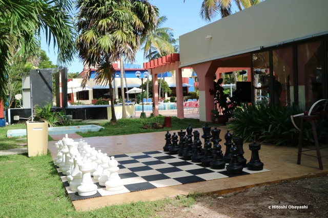 プールの横にある巨大なチェス盤